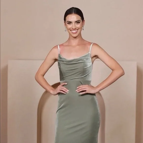 green emerald velvet dress Sage Square Neck Velvet Dress Bridesmaid Gown – TANYA BRIDAL main image 1